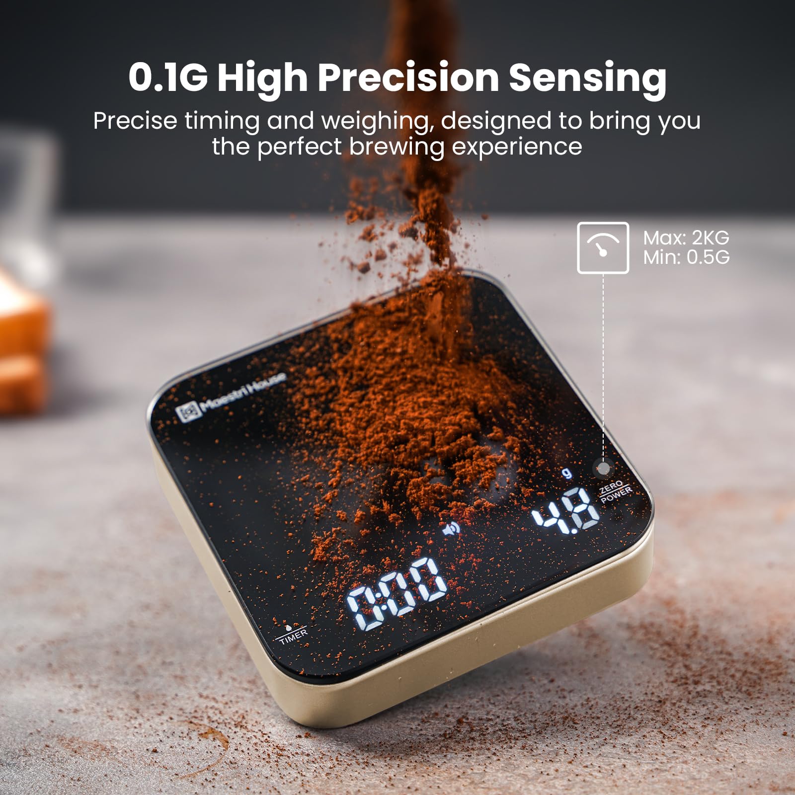 Maestri House scale offers auto and manual timer modes for brew control.