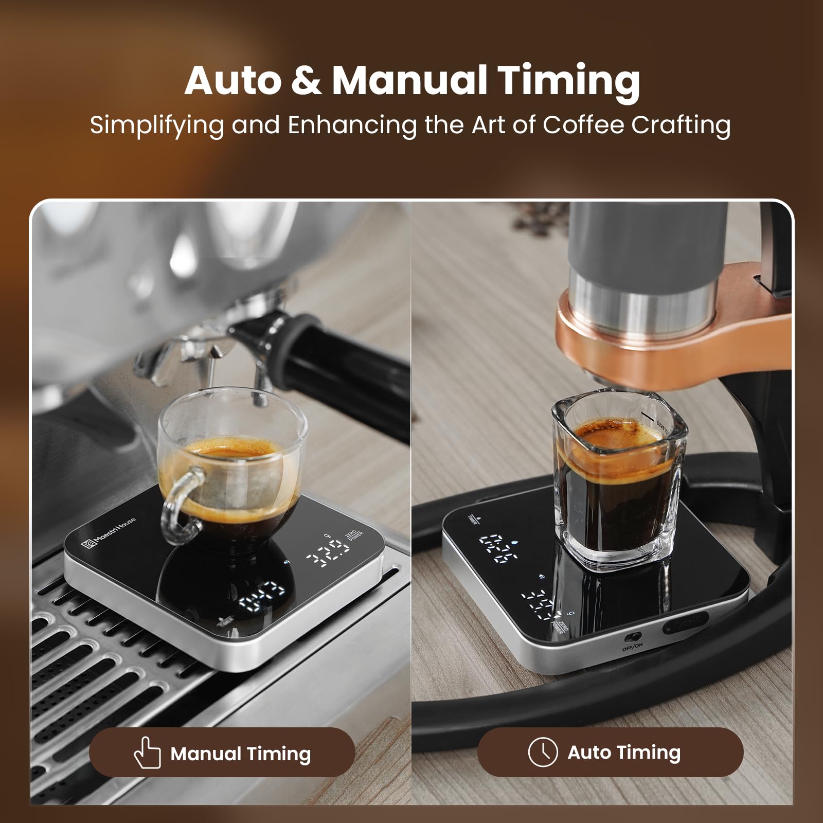 Maestri House scale displays g/oz/ml units for flexible brewing.