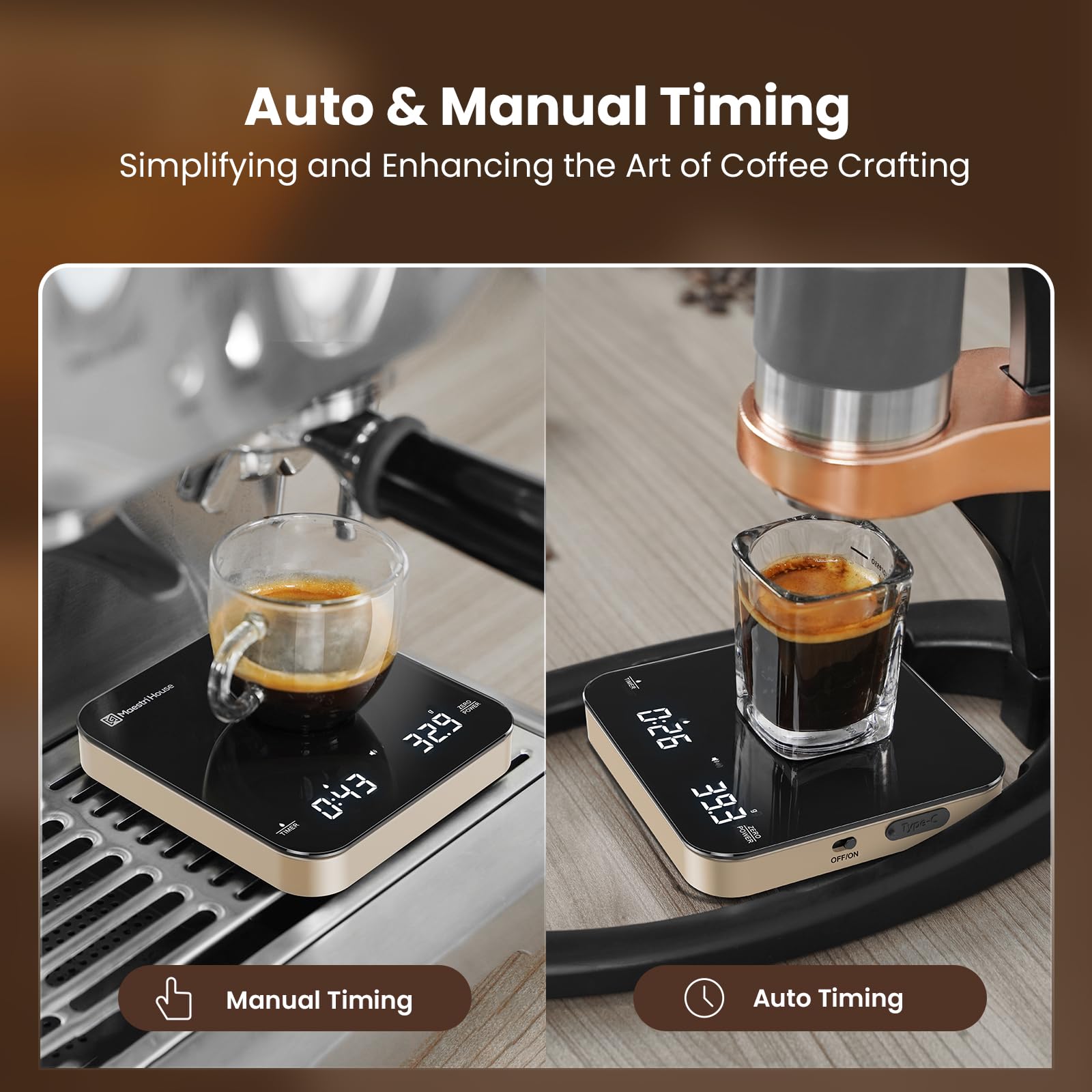 Maestri House Mini Coffee Scale shows g/oz/ml for flexible brewing.