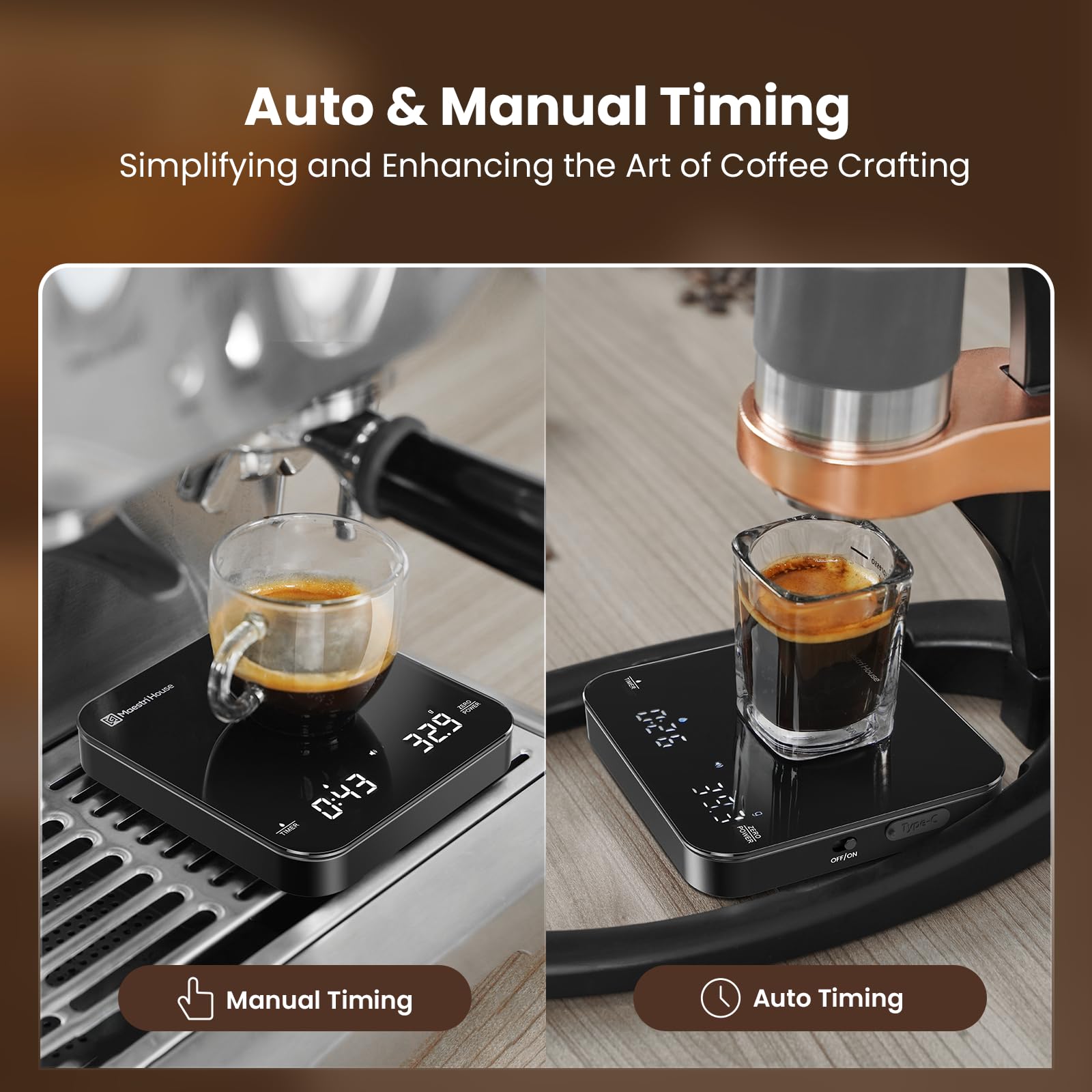 Maestri House Mini Coffee Scale USB C charging keeps you powered on the go