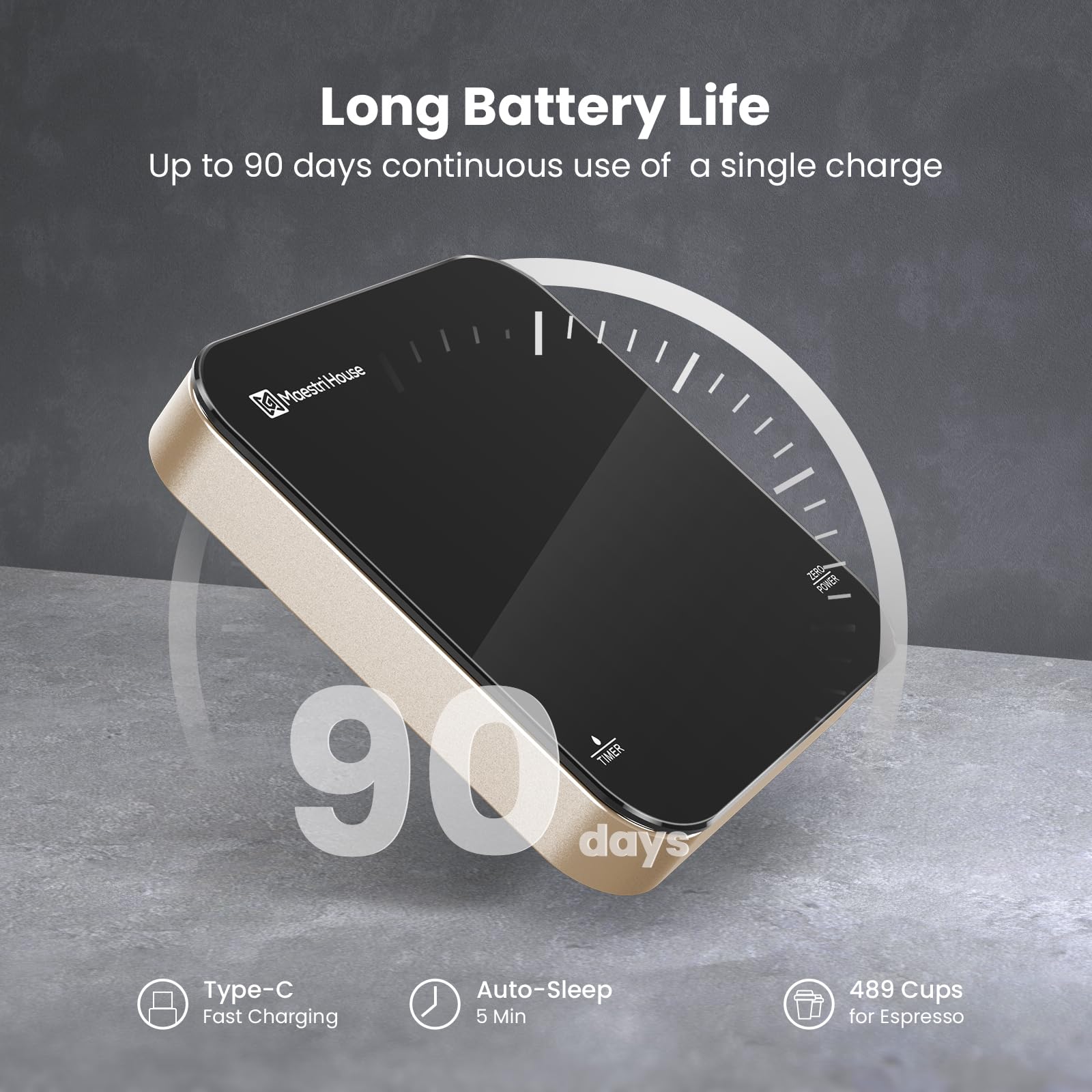 Maestri House Mini Coffee Scale charges via USB-C for convenient power.