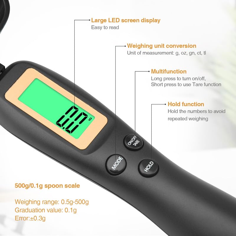 Mafiti digital spoon tare button enables accurate zeroing for clean containers.