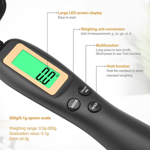 Mafiti digital spoon tare button enables accurate zeroing for clean containers.