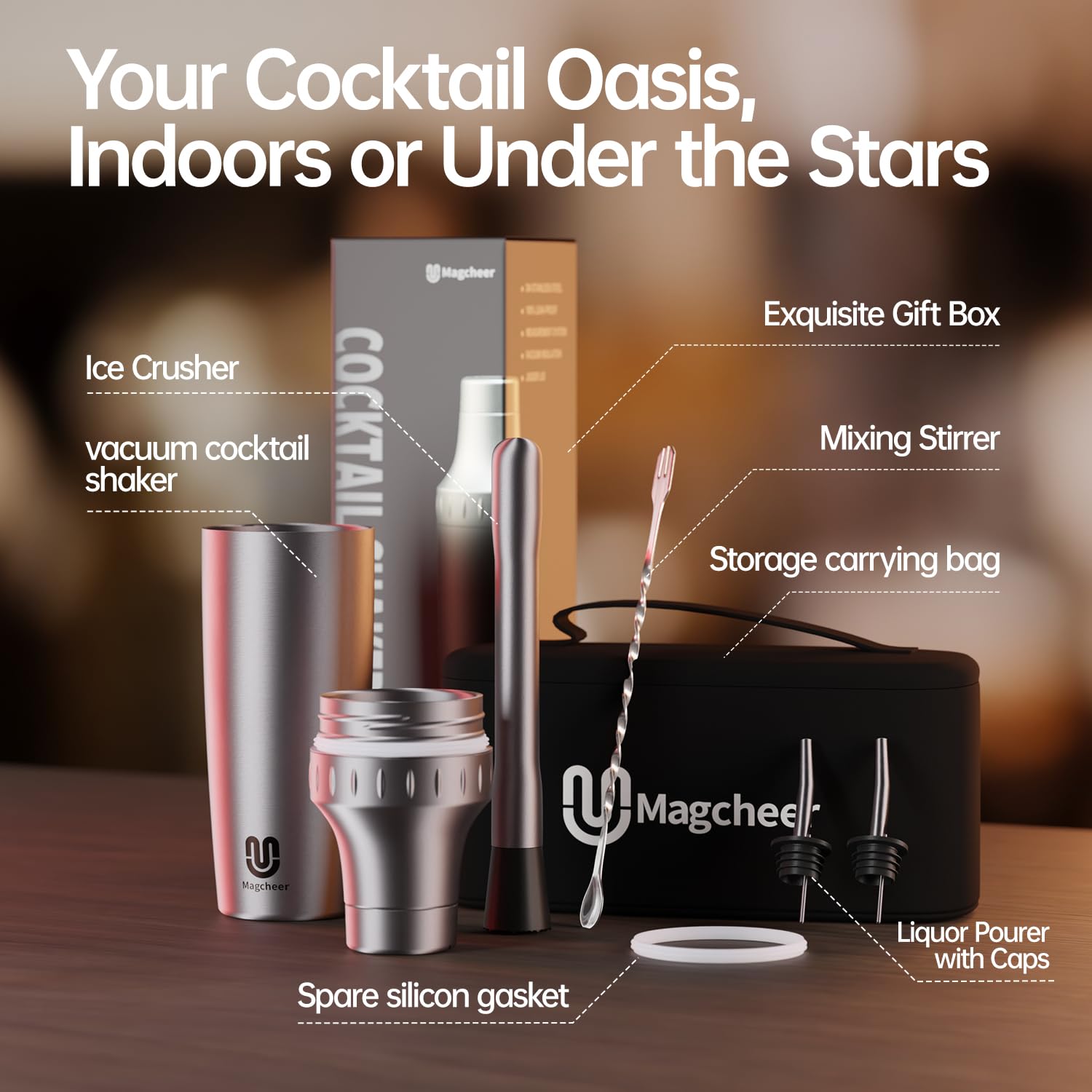 Magcheer shaker set outdoors on a patio for outdoor mixing.