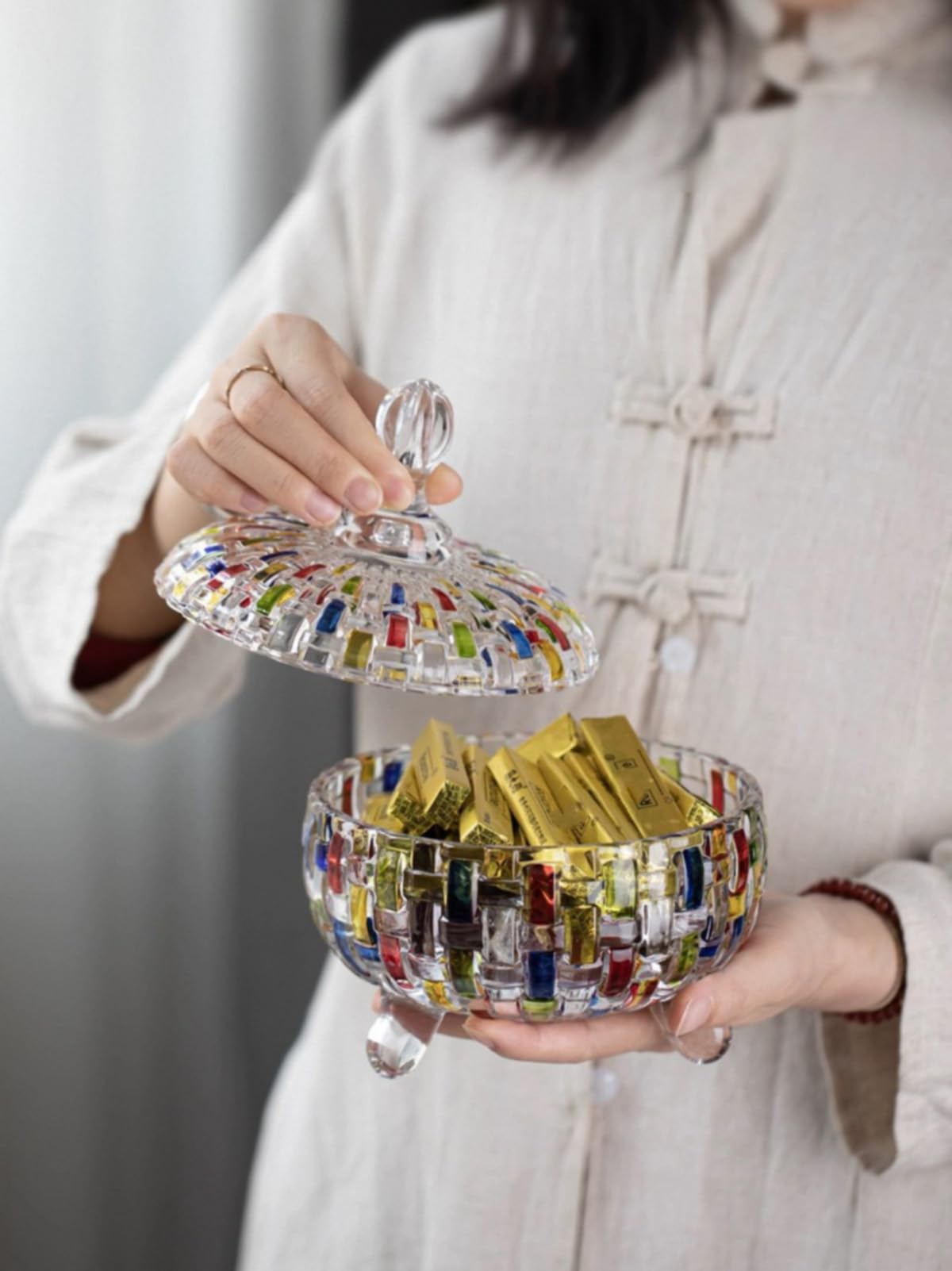 Versatile jar ideal for candies, nuts, or trinkets on any table.