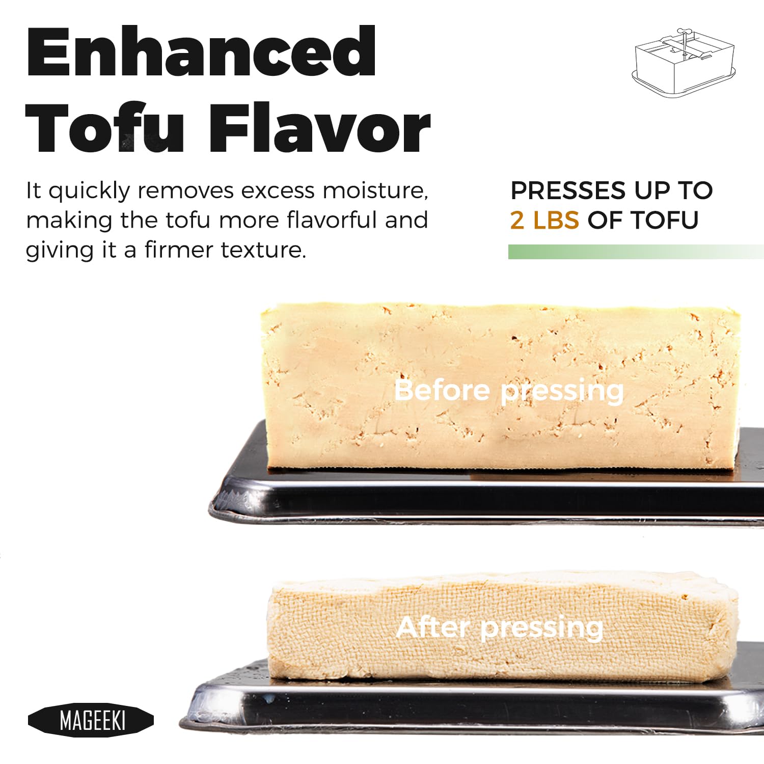 Mageeki Tofu Press external drip tray captures draining liquid neatly.