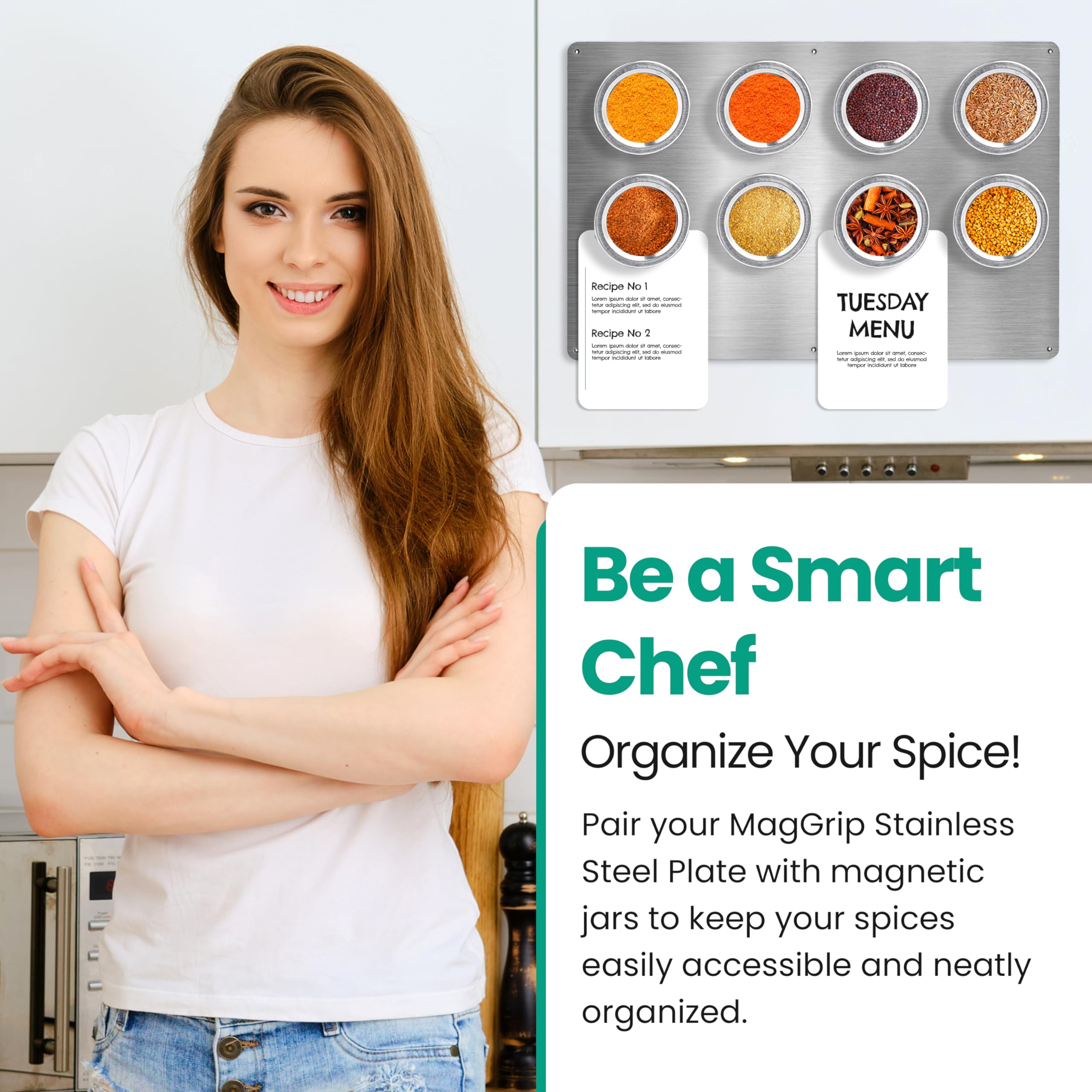 MagGrip silver stainless steel plate blends with kitchen decor