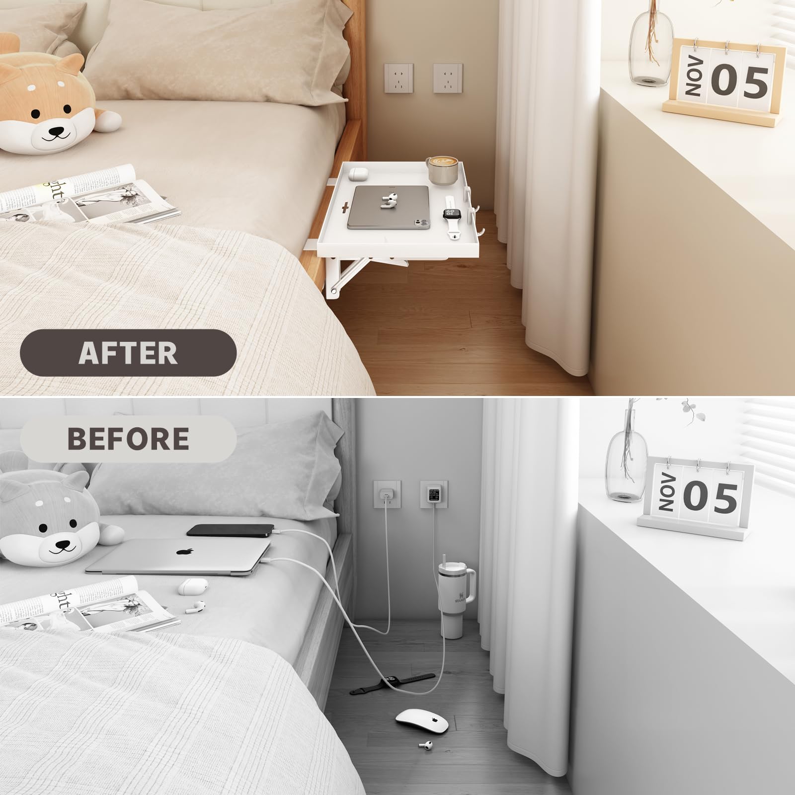 Magheo bedside shelf in white finish to suit dorm aesthetics.