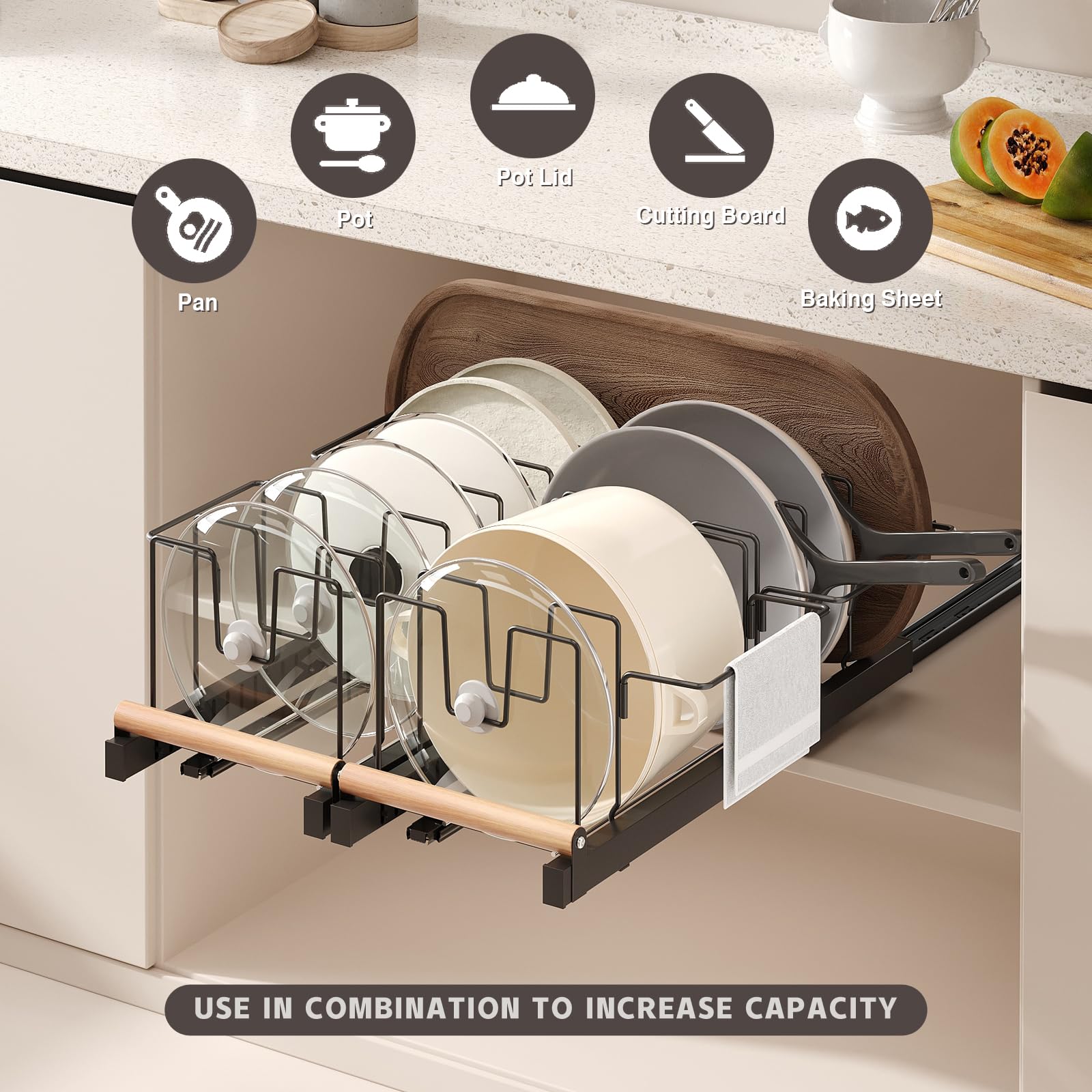 Magheo expandable-depth organizer with 10 U-dividers for pots, pans, and lids