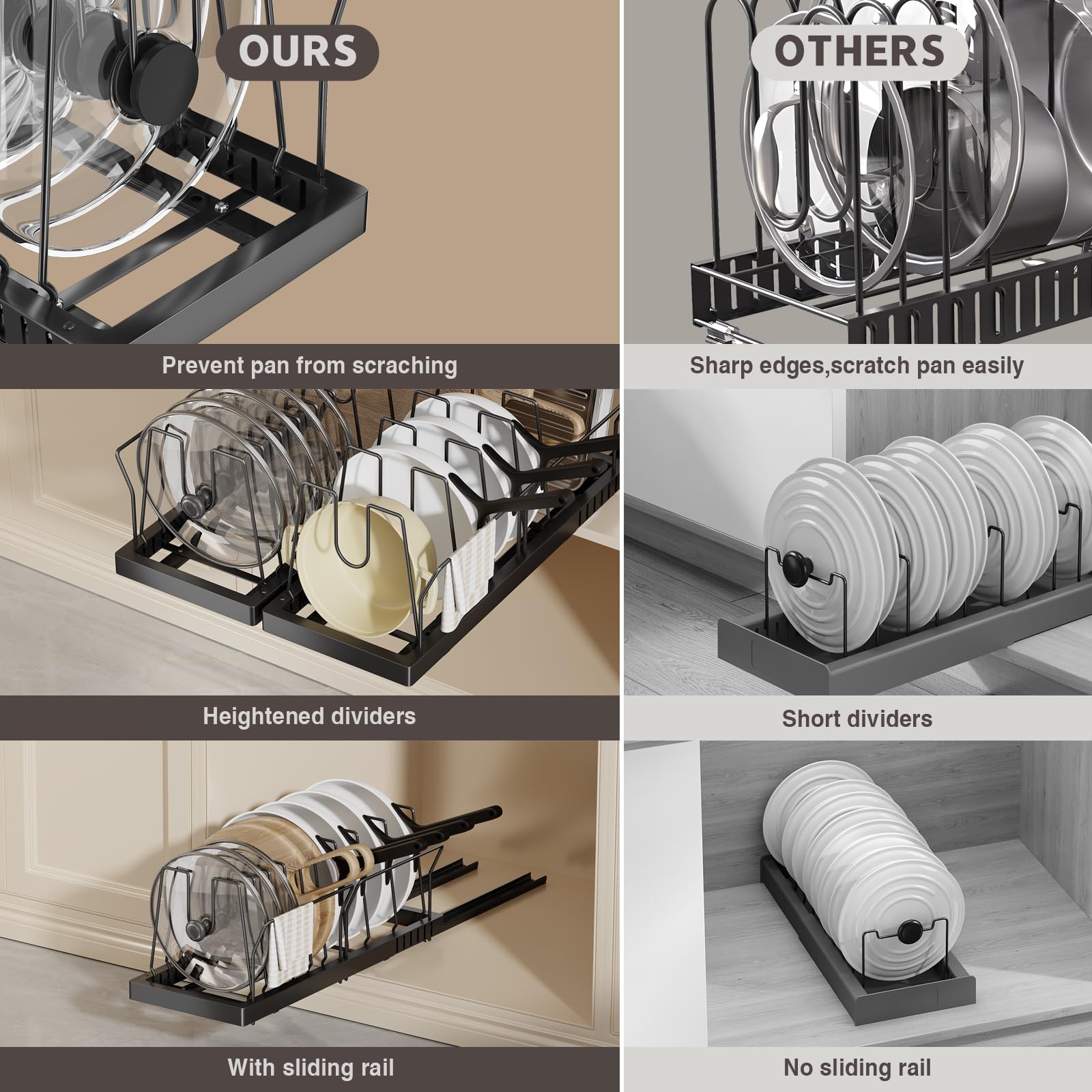 Magheo adjustable dividers keep pots, pans, and lids neatly separated.