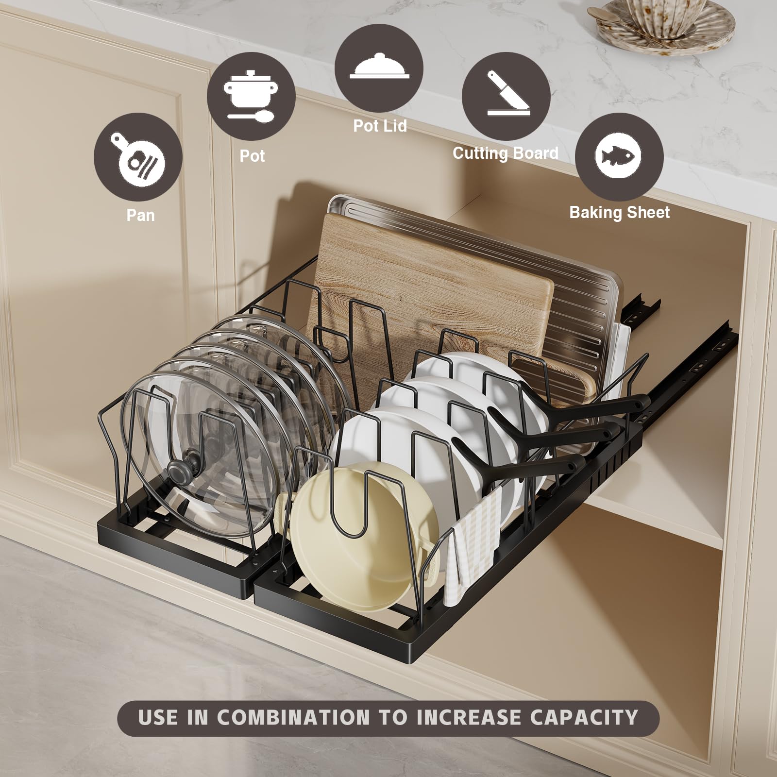 Magheo pull-out mechanism offers smooth, silent access to cookware.