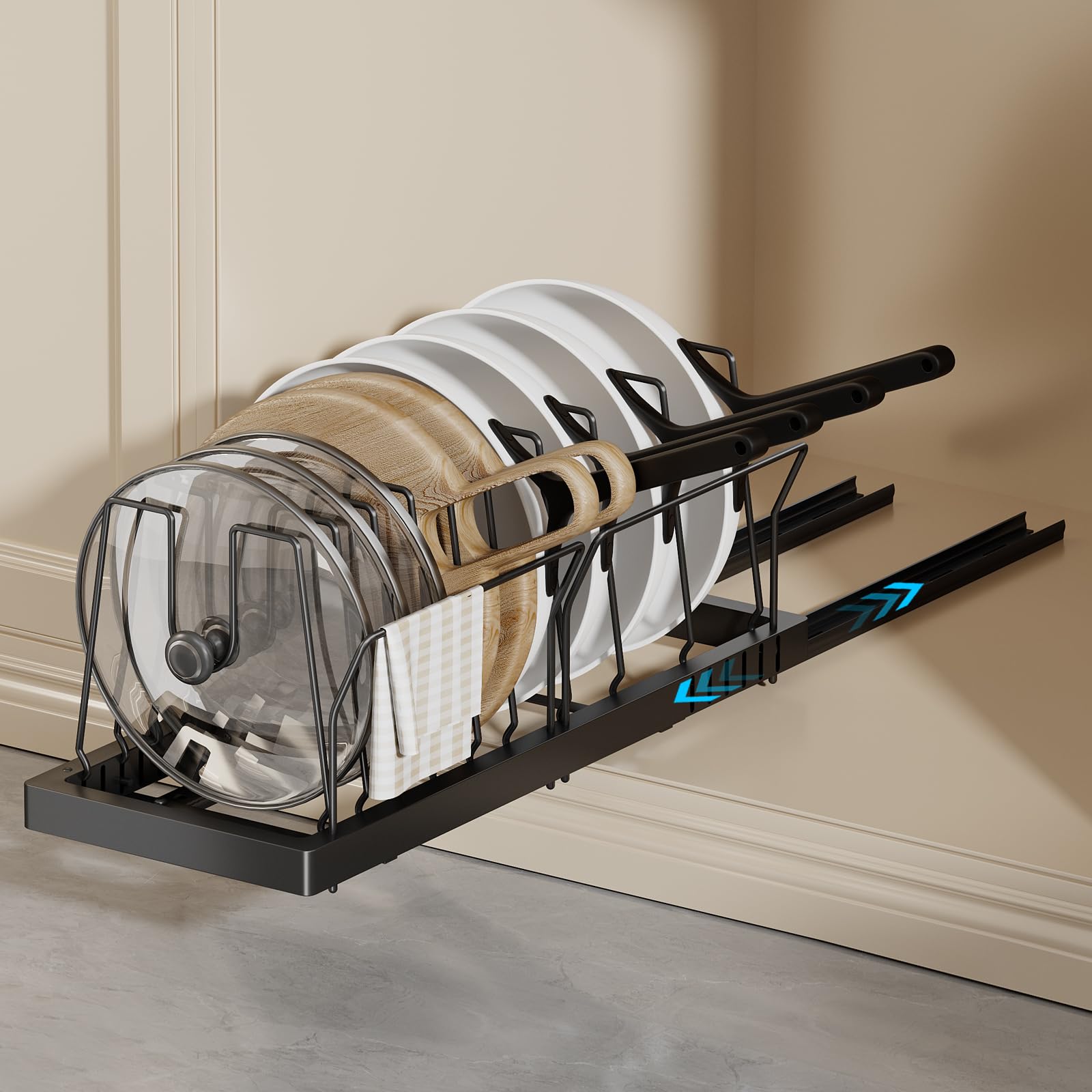 Magheo under-cabinet organizer with extended depth stores pots and lids efficiently.