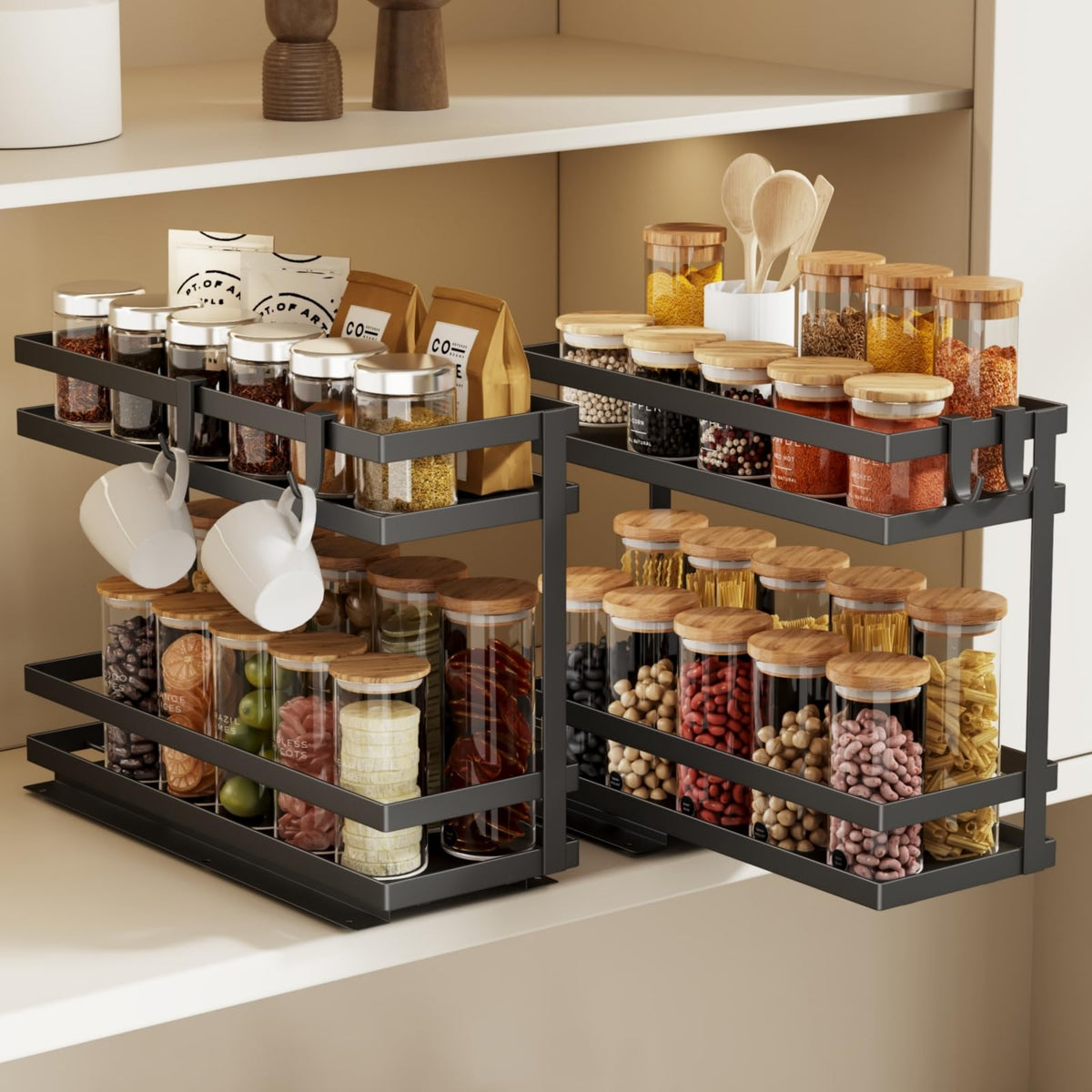 Magheo pull-out spice rack 2-tier glides smoothly for easy access.