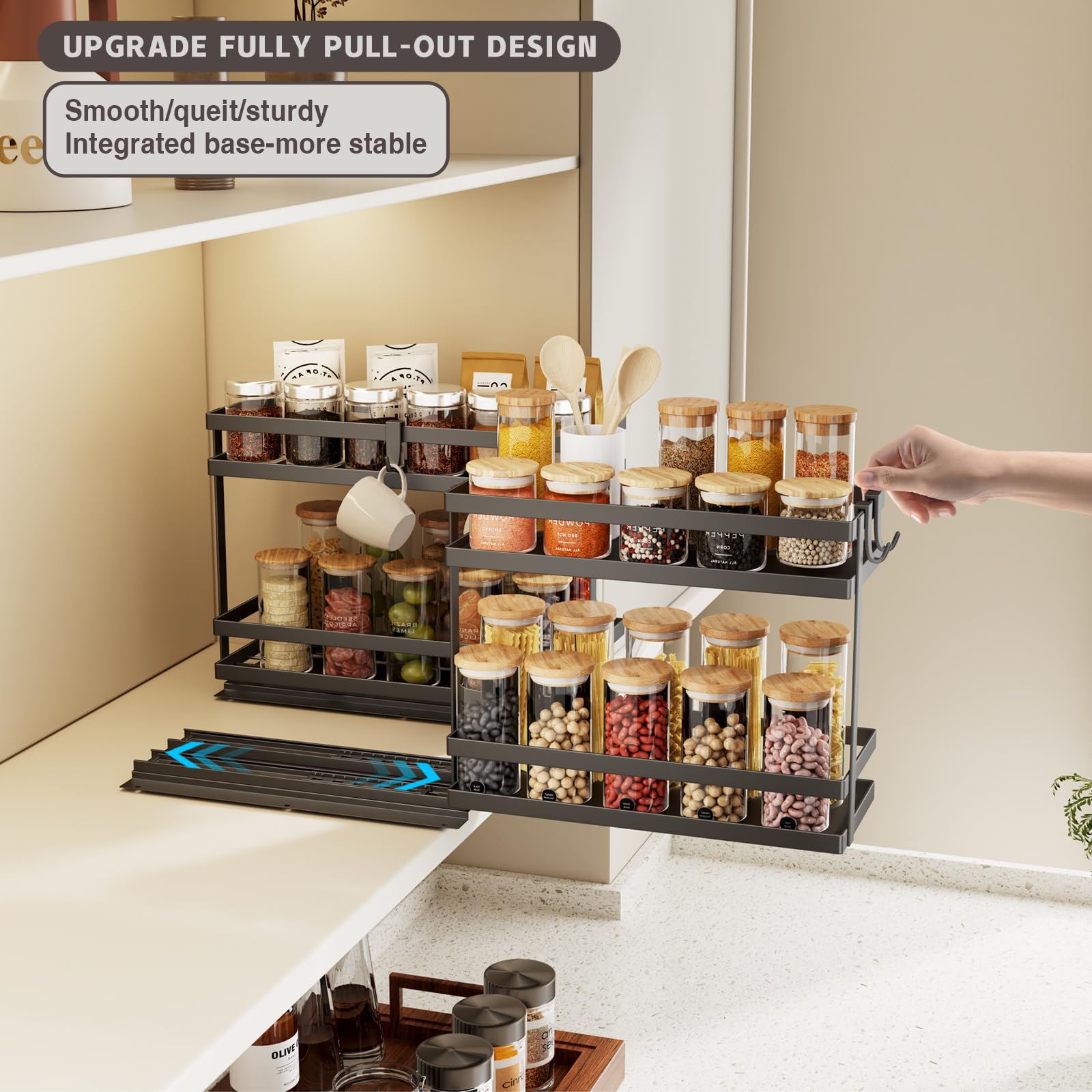Magheo slide-out spice organizer metal holds 10–12 jars per layer.