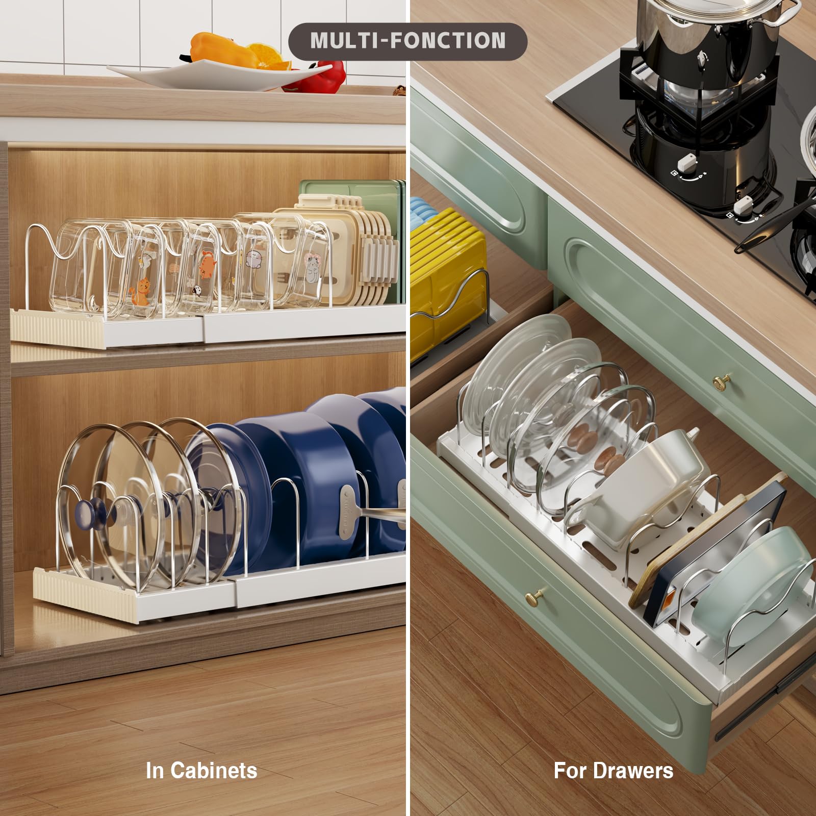 Magheo stainless steel dividers adjust spacing for secure lid and pan storage.