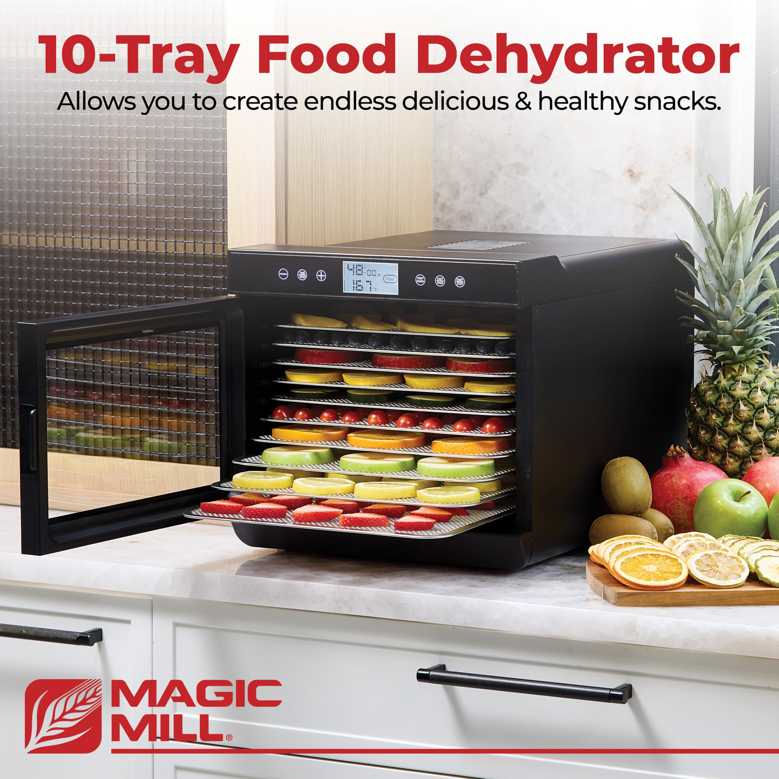 Magic Mill 10 XL trays provide spacious drying for jerky and fruit