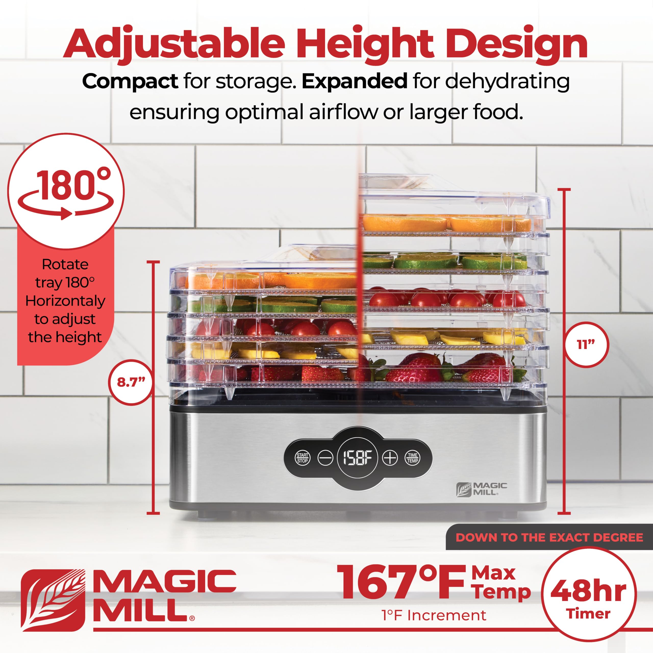 Magic Mill 5-tray stackable dehydrator enables multi-item drying.