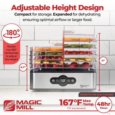 Magic Mill 5-tray stackable dehydrator enables multi-item drying.