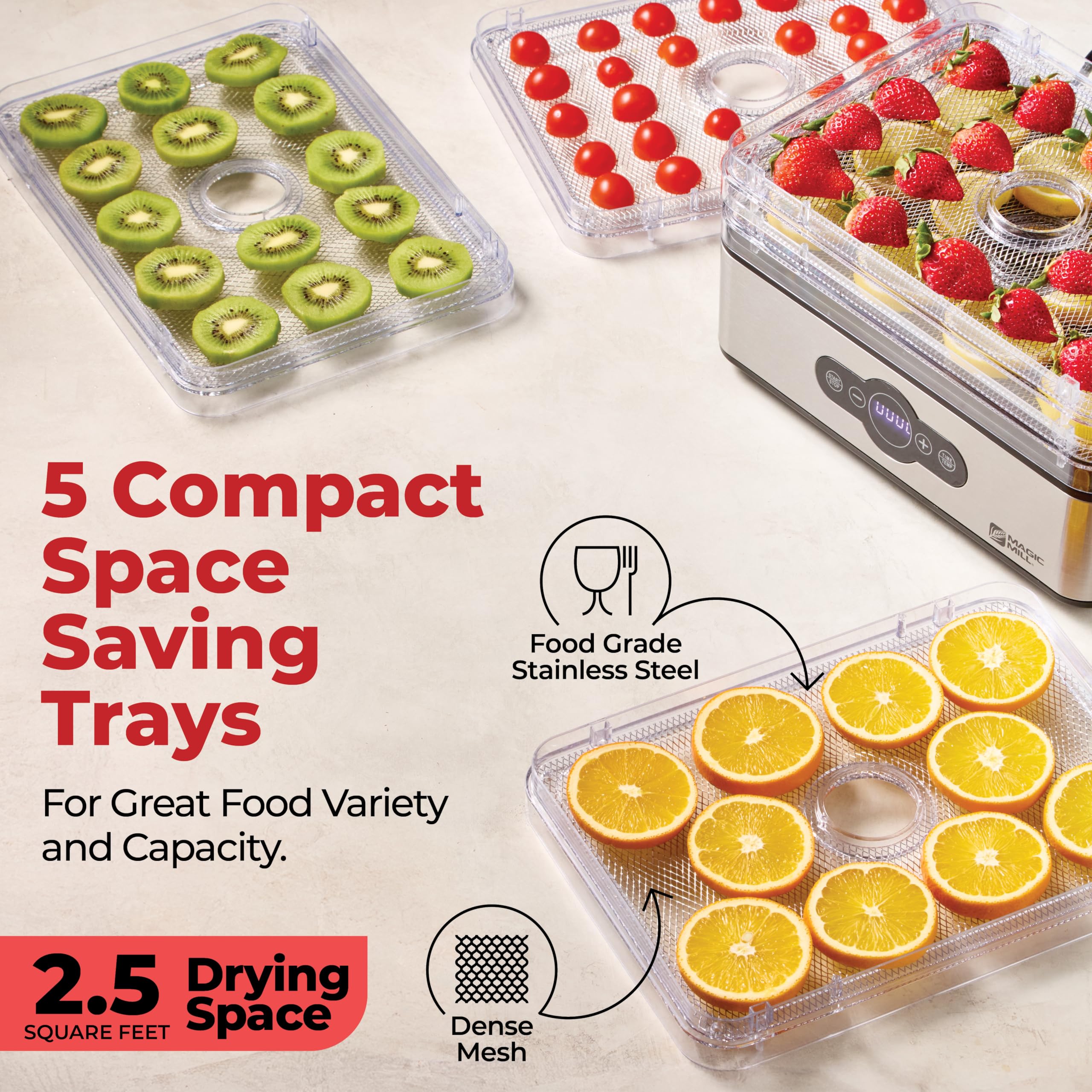 Magic Mill assembled trays drying fruits demonstrates even heat distribution.