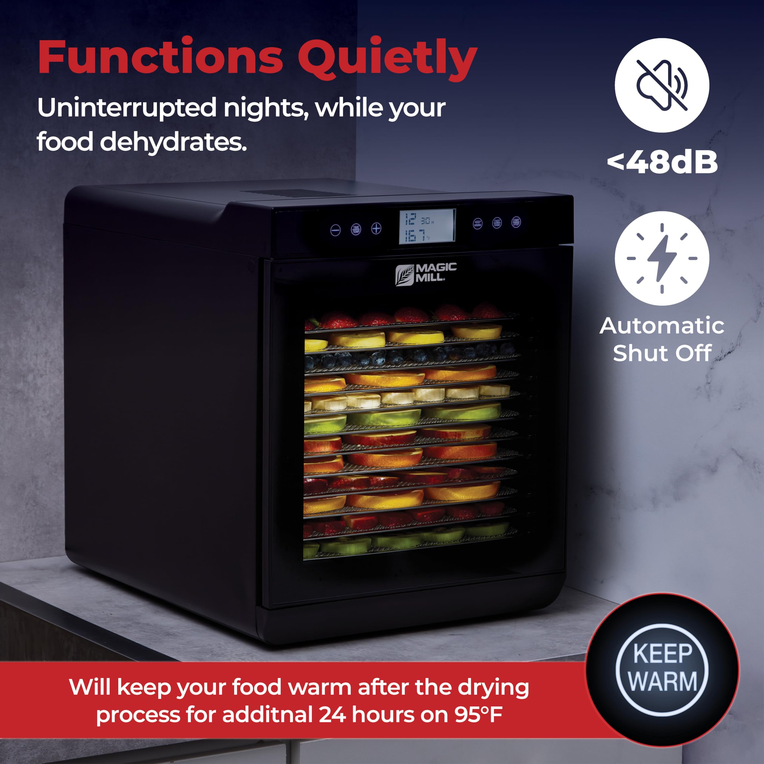 Magic Mill Premium Dehydrator automatic shut-off guards against overheating for safe use.