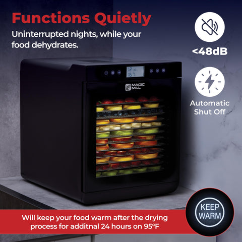 Magic Mill Premium Dehydrator automatic shut-off guards against overheating for safe use.