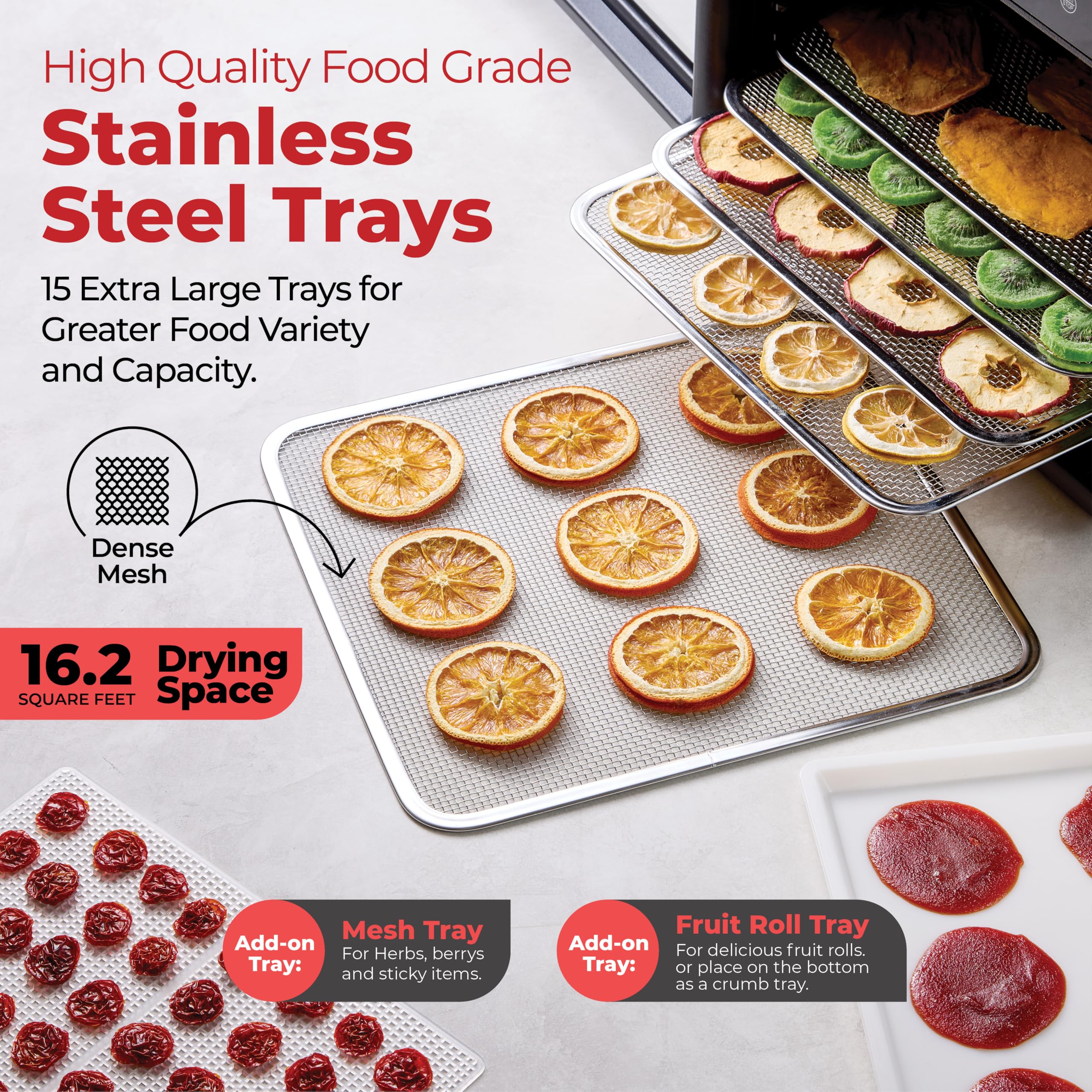 Magic Mill Premium Dehydrator dishwasher-safe trays simplify cleaning between batches.