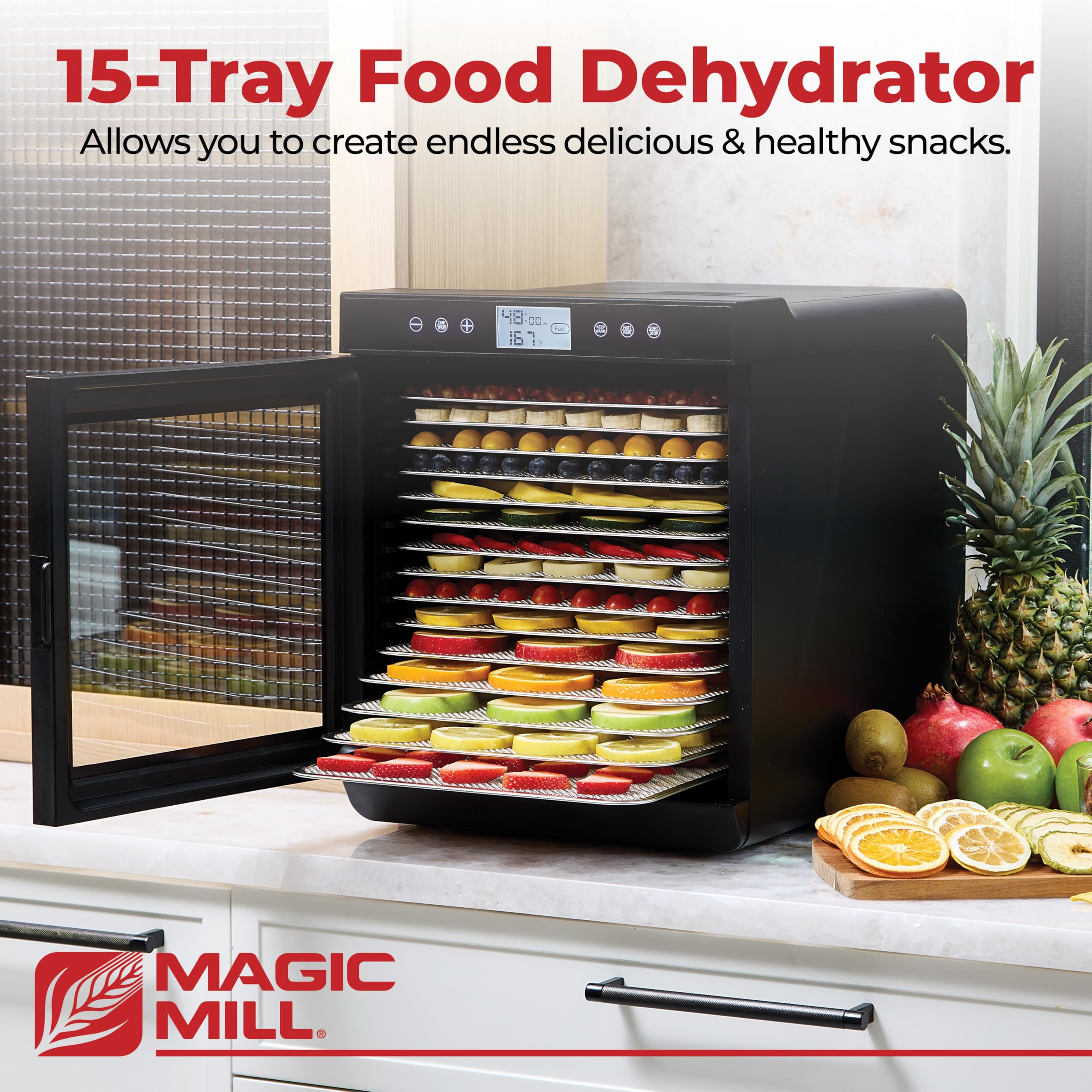 Magic Mill Premium Dehydrator rear fan technology ensures consistent airflow across all trays.