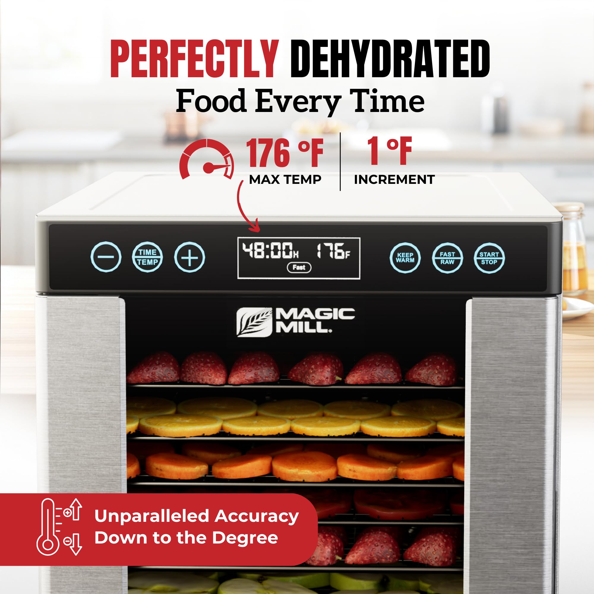 Magic Mill Pro rear mounted fan distributes heat evenly across trays.