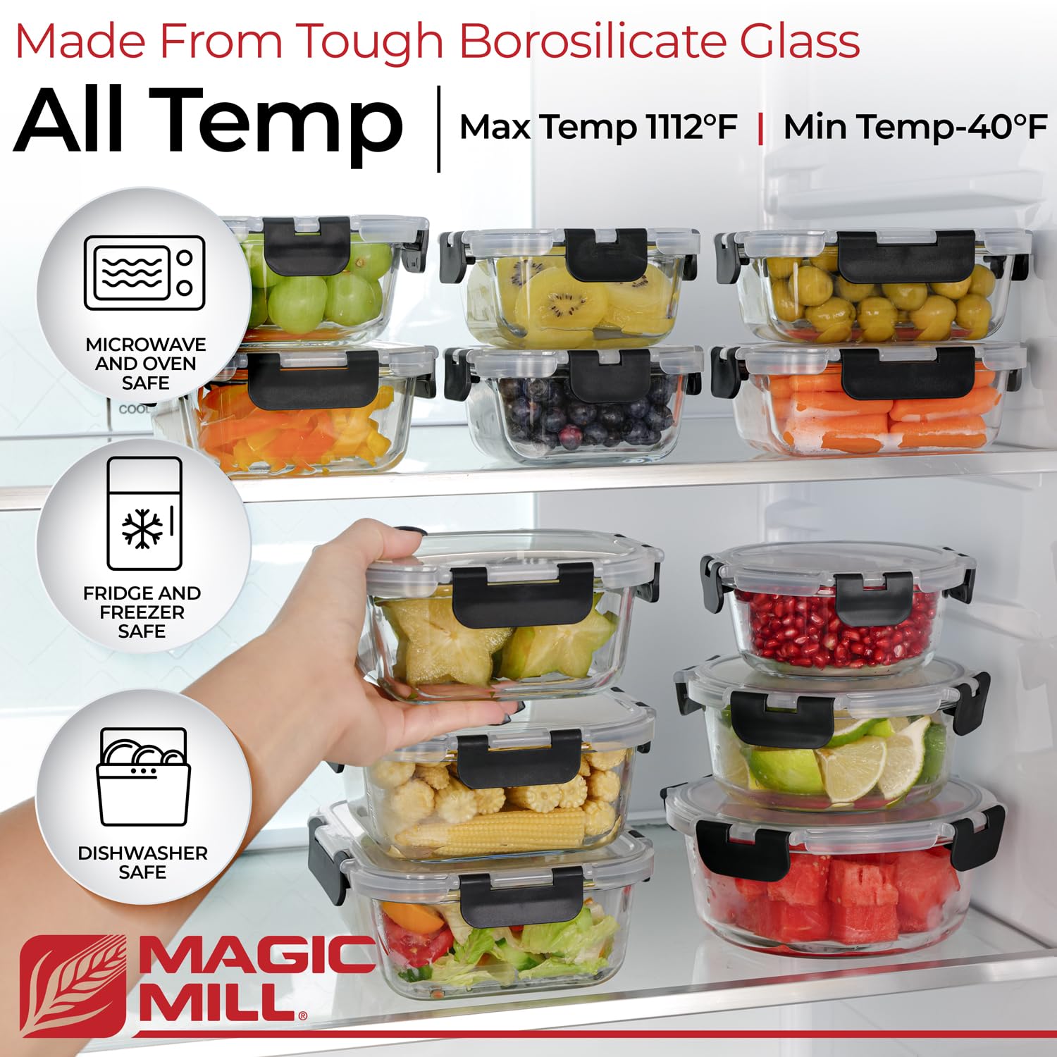 Magic Mill rectangular 21.5oz glass container with lid for portioned meals