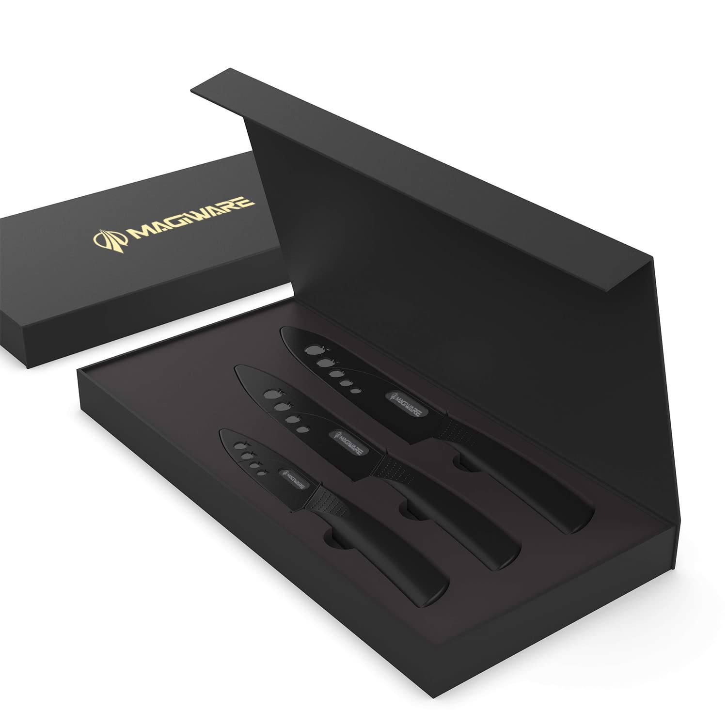 Gift-ready Magiware ceramic knife set in elegant packaging.