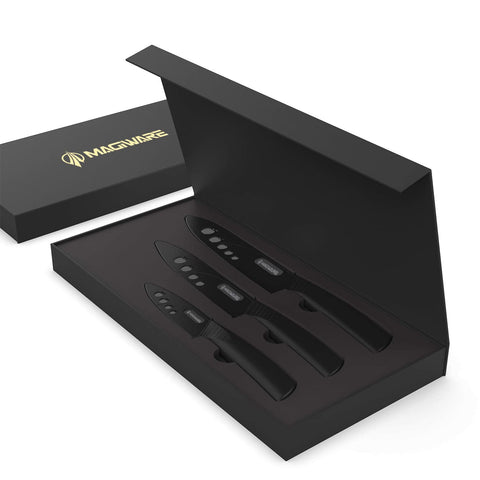 Gift-ready Magiware ceramic knife set in elegant packaging.