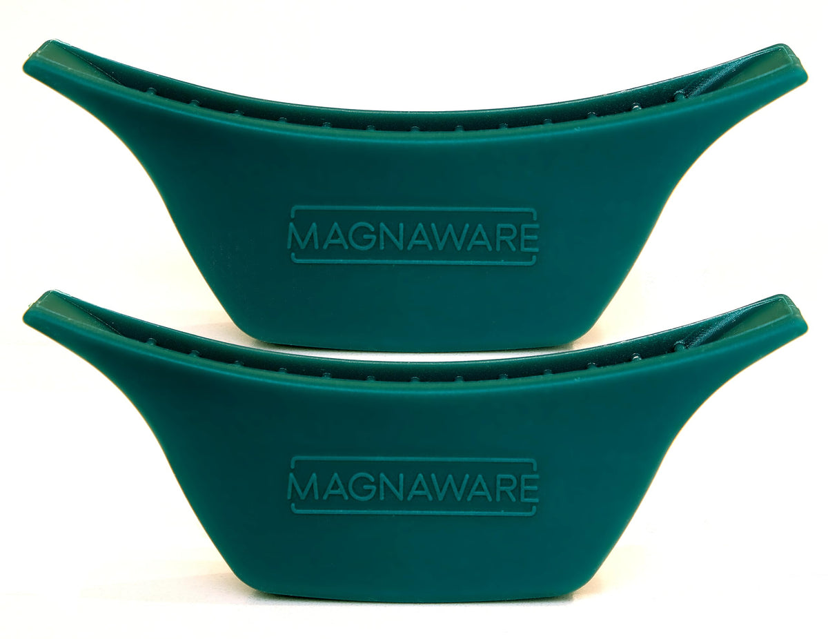 Magnaware silicone handle covers in green provide heat protection and a secure non-slip grip.
