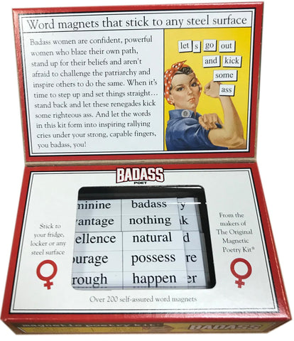 Close-up of Badass Poet tiles highlighting vibrant words for room decor and prompts.