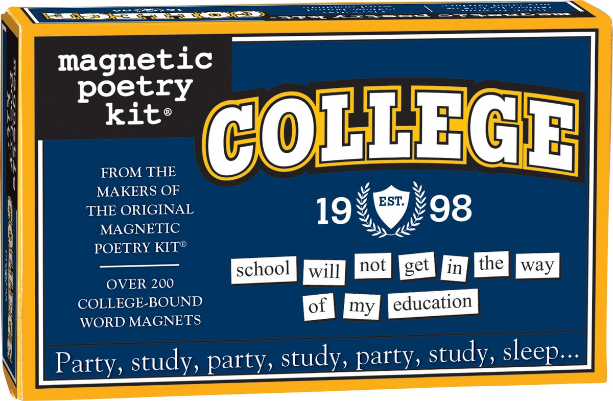 Magnetic Poetry College Kit box with tiles for dorm decor and creative messages.