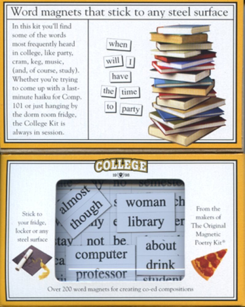 Magnetic Poetry College Kit tiles spread on a fridge inspire creative messages and study reminders.