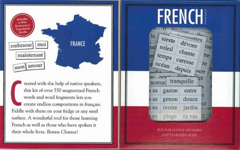 Magnetic Poetry French Kit giftable box displayed on countertop, ideal for dorm decor and gift ideas.