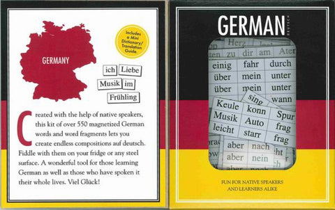 Magnetic Poetry German Kit box shows colorful tiles for spontaneous messages
