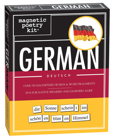 Magnetic Poetry German Kit tiles on the fridge for creative language play