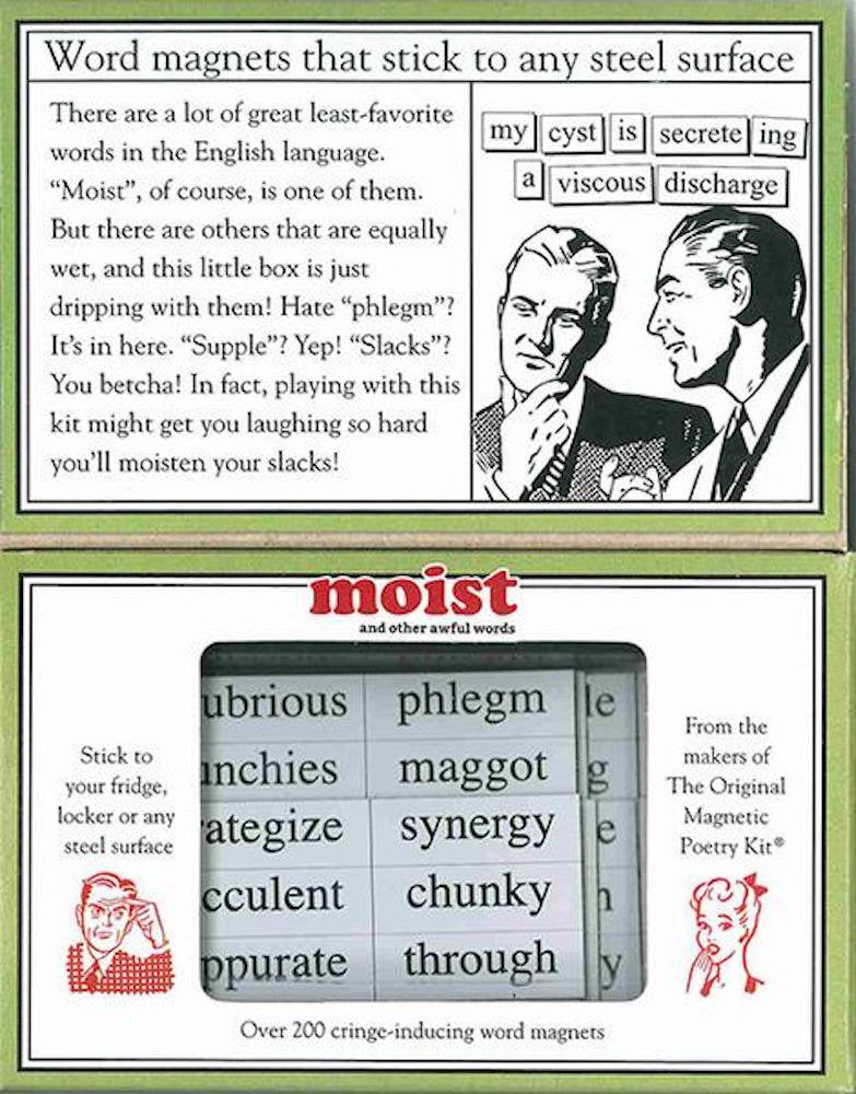 Magnetic Poetry Moist Kit box holds over 200 tiles for creative word art.