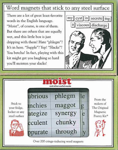 Magnetic Poetry Moist Kit box holds over 200 tiles for creative word art.