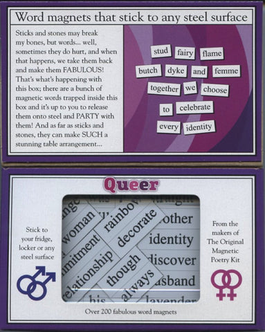 Magnetic Poetry Queer Kit fridge display with colorful words for playful messages