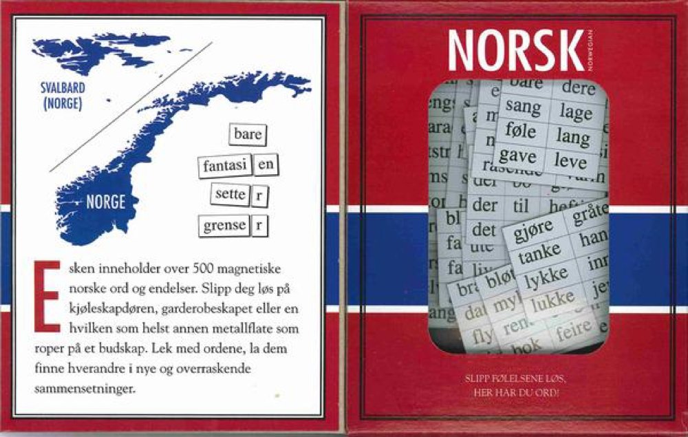 Close-up of Magnetic Poetry tiles highlighting Norwegian words