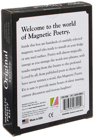 Closeup of Magnetic Poetry tiles showing language options for writing prompts.