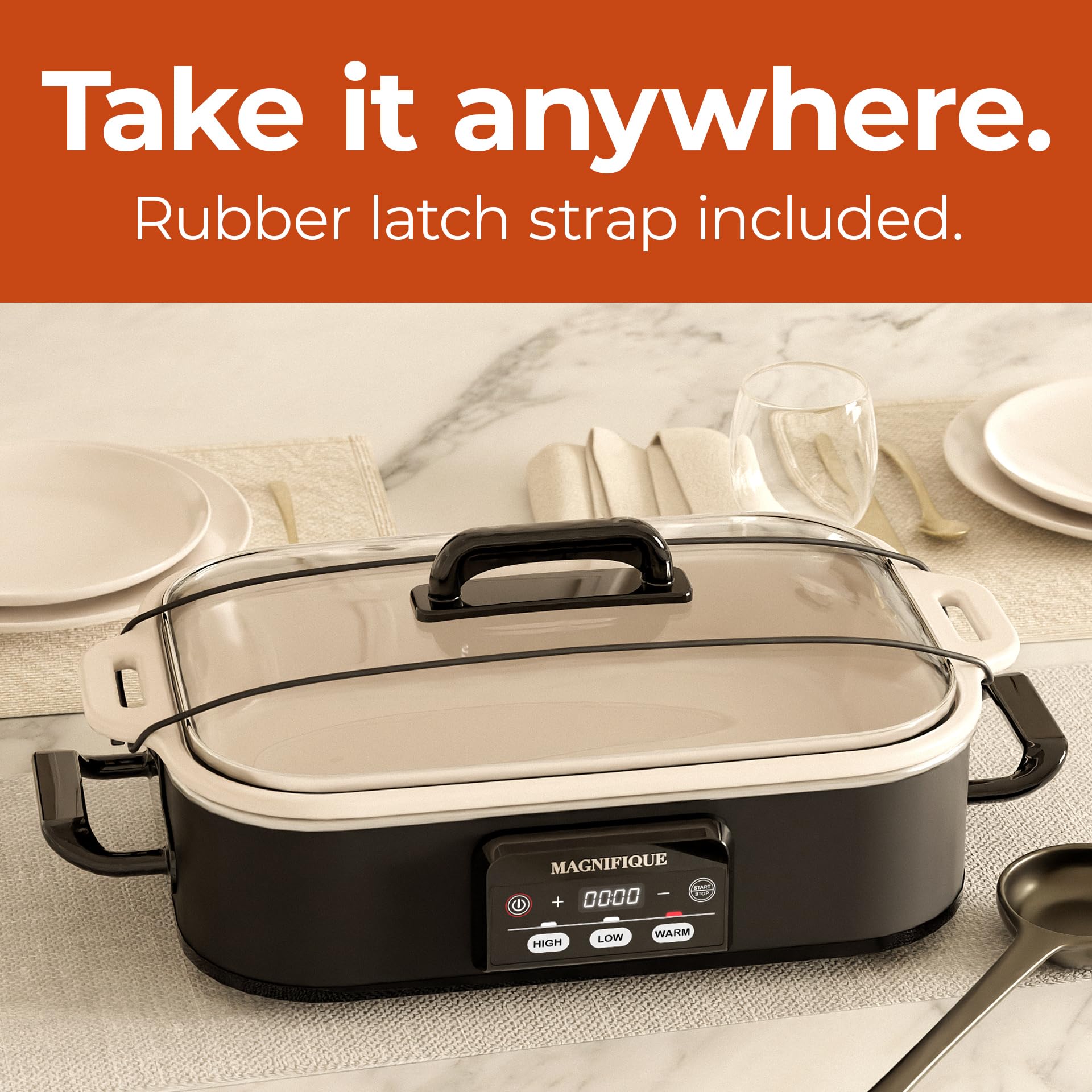 Magnifique Experience Delight glass lid with latch for secure, spill-free transport.