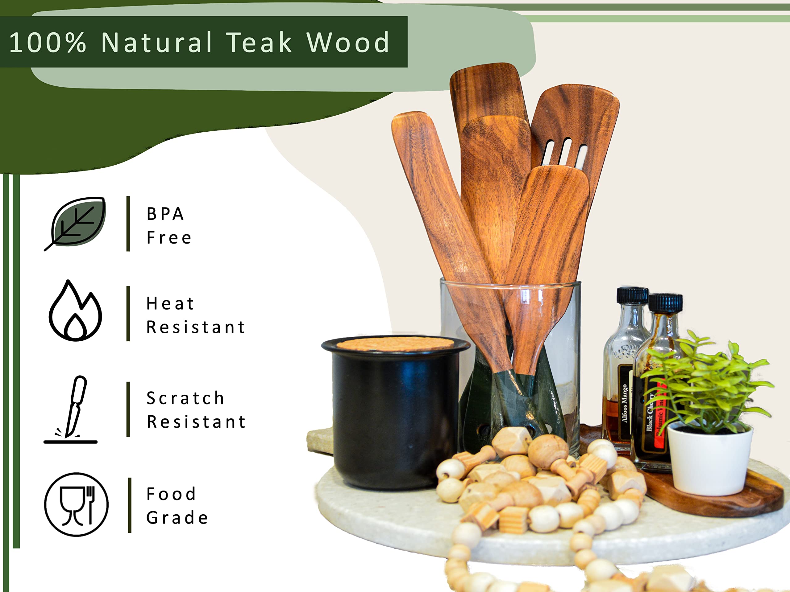 Magnum Opus wooden utensils collection showing teak wood and rounded edges