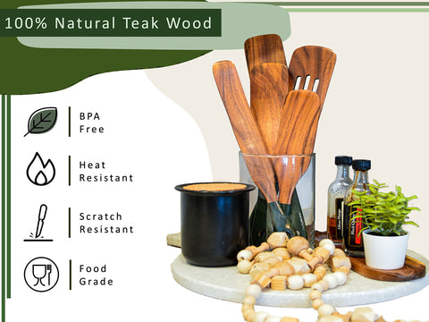 Magnum Opus wooden utensils collection showing teak wood and rounded edges