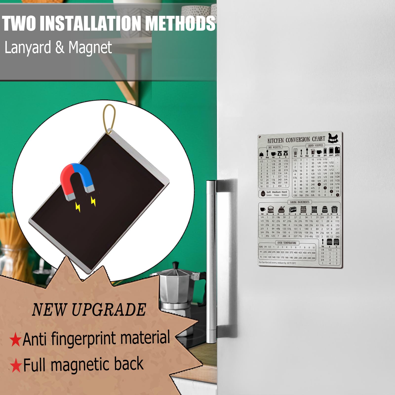 Magrooyar stainless steel chart on fridge highlights precise temperature and measurement references.
