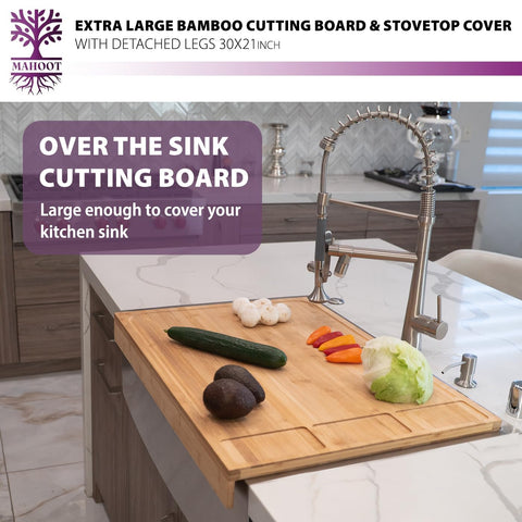 Detachable legs on MAHOOT bamboo board enable stove cover use