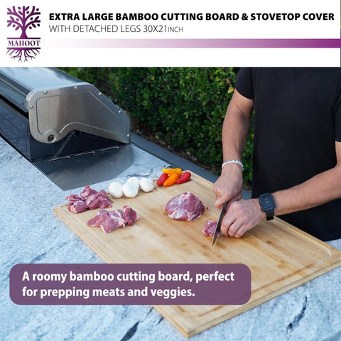 Knife-friendly bamboo surface on MAHOOT board resists warping