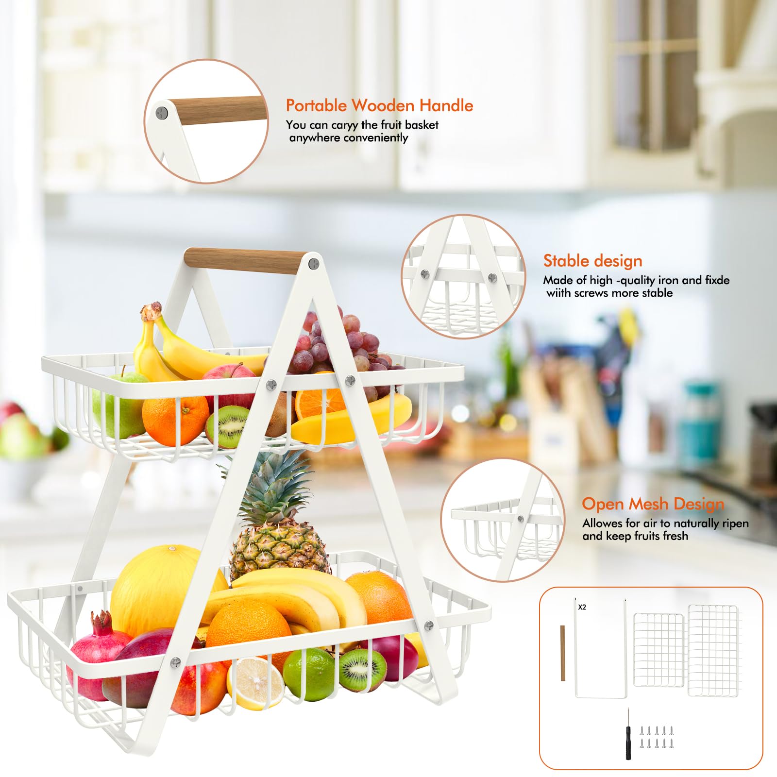 mahueeol 2-tier fruit basket side view fits compact kitchen spaces